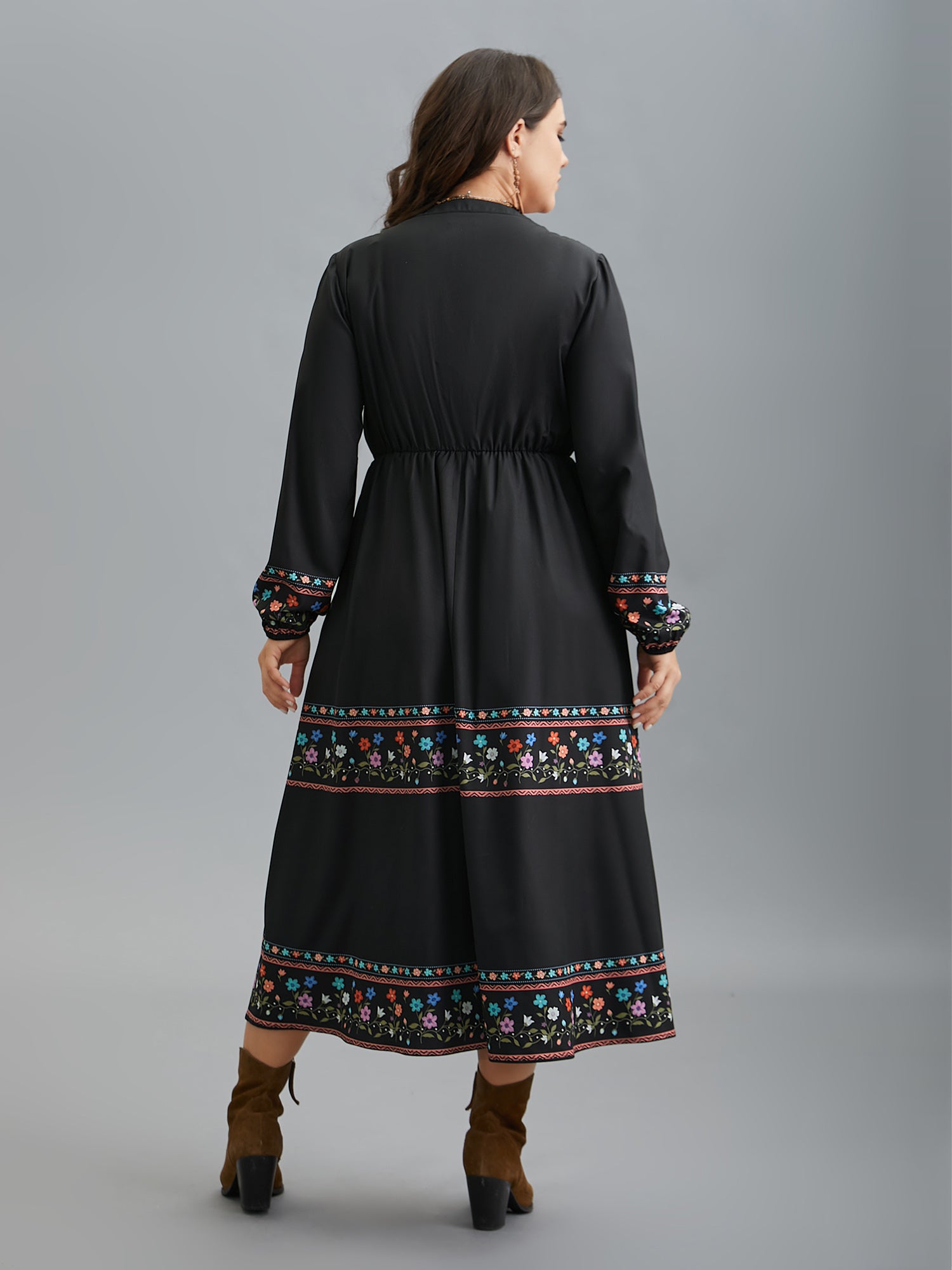 Notched Collar Boho Print Midi Dress