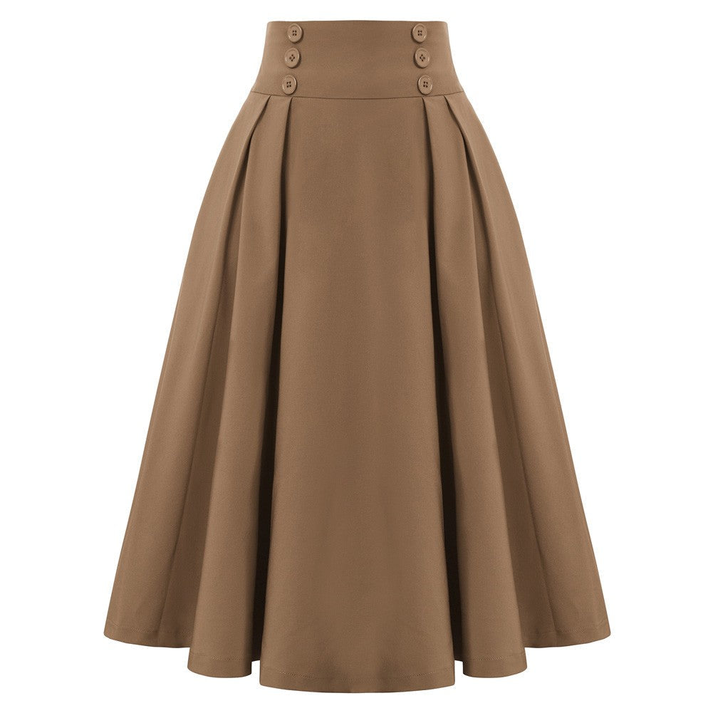 Leaf Patterns Pleated Buttons Decorated Elastic Waist High Waist Swing A-Line Skirt with Pockets