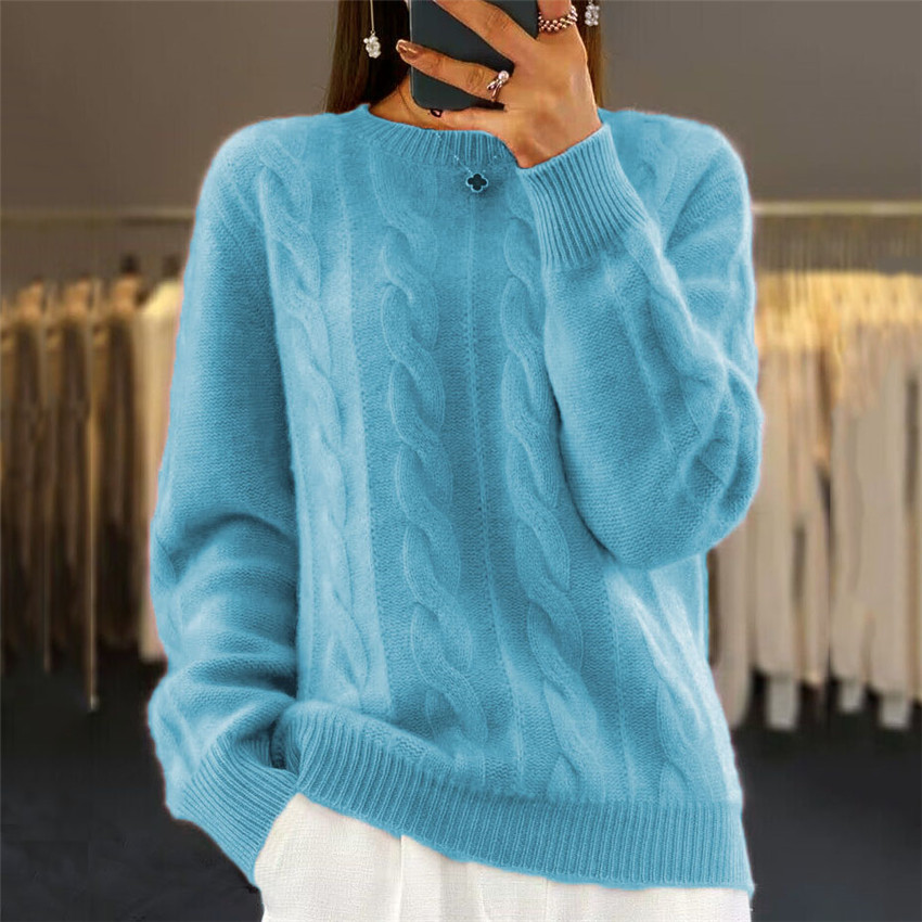 Retro Twist Crew Neck Solid Color Sweater