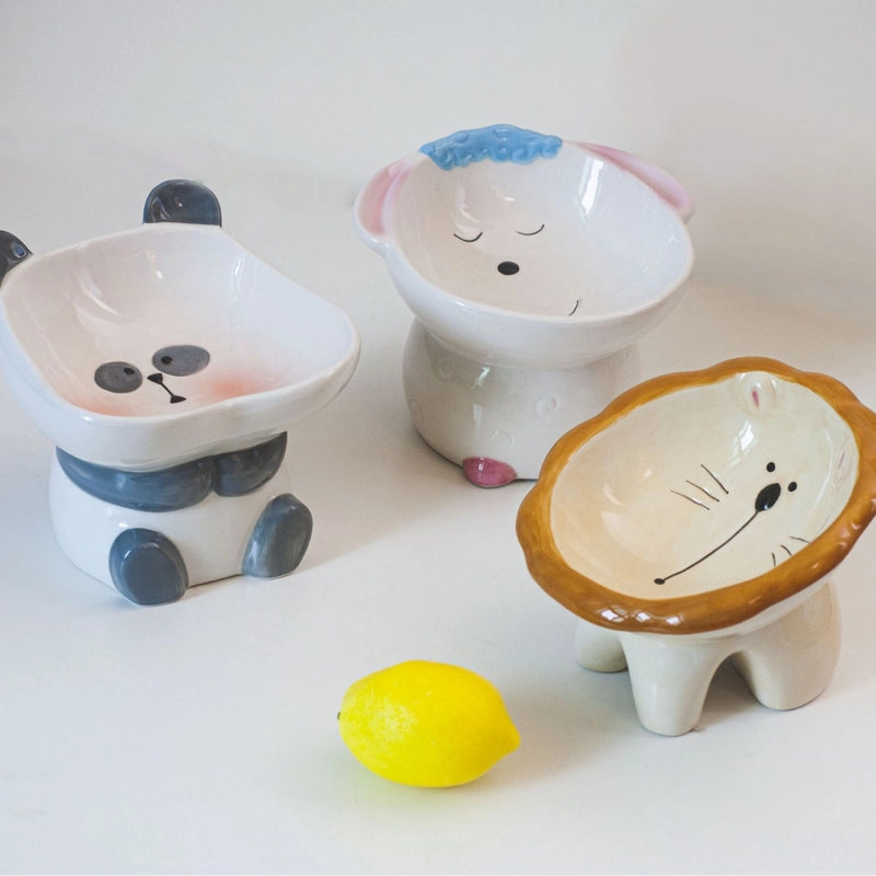 High-legged Ceramic Cat Bowl Pet Bowl Diagonal Neck Protection Brown Lion Bowl Ornaments Ceramic Storage Box Desktop Storage