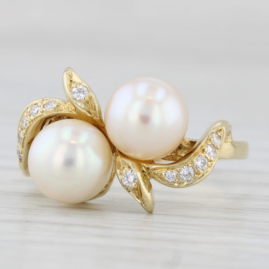Two Cultured Pearls 0.12ctw Diamond Bypass Ring 18k Yellow Gold Size 7.75