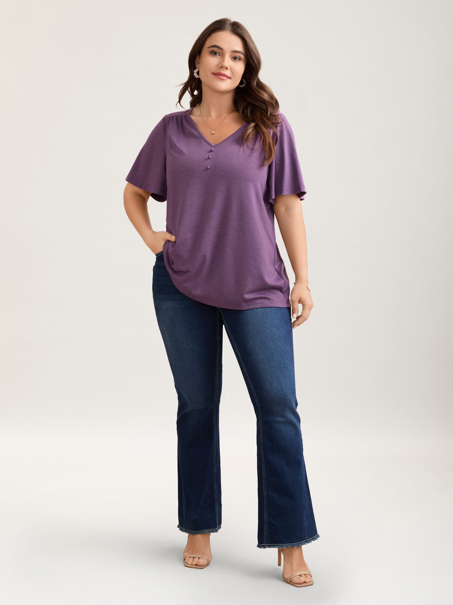 Bamboo Textured Pleated Shoulder Button T-Shirt