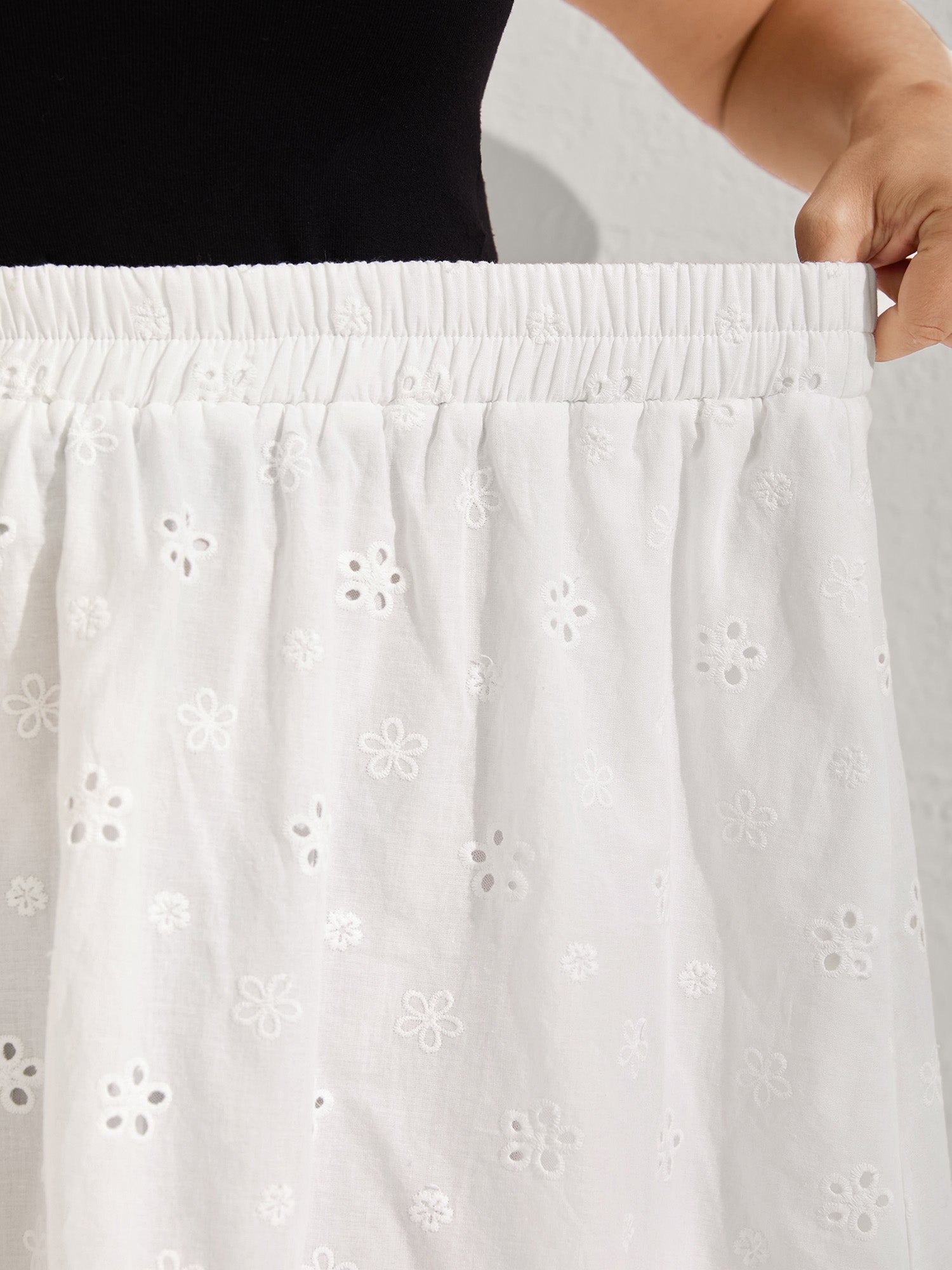 Cotton Eyelet Trim Solid Lined Midi Skirt