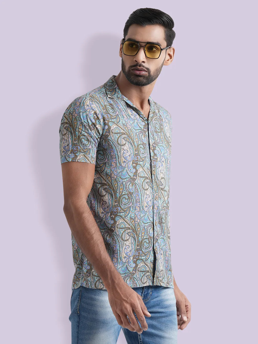 Men's Lapel Collar Casual Half Sleeve Shirt in Multi Print