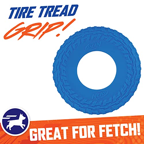 Nerf Dog Rubber Tire Flyer Dog Toy. Flying Disc. Lightweight. Durable. Floats in Water. Great for Beach and Pool. 10 Inch Diameter. for Medium/Large Breeds. Single Unit. Blue. Original