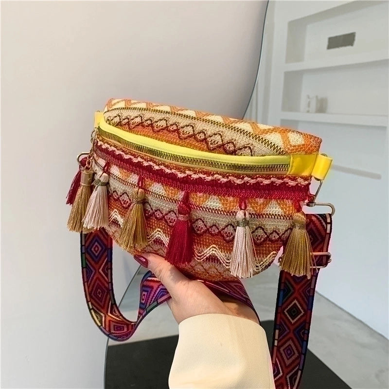 Women's Basic Ethnic Style Color Block Stripe Straw Waist Bags