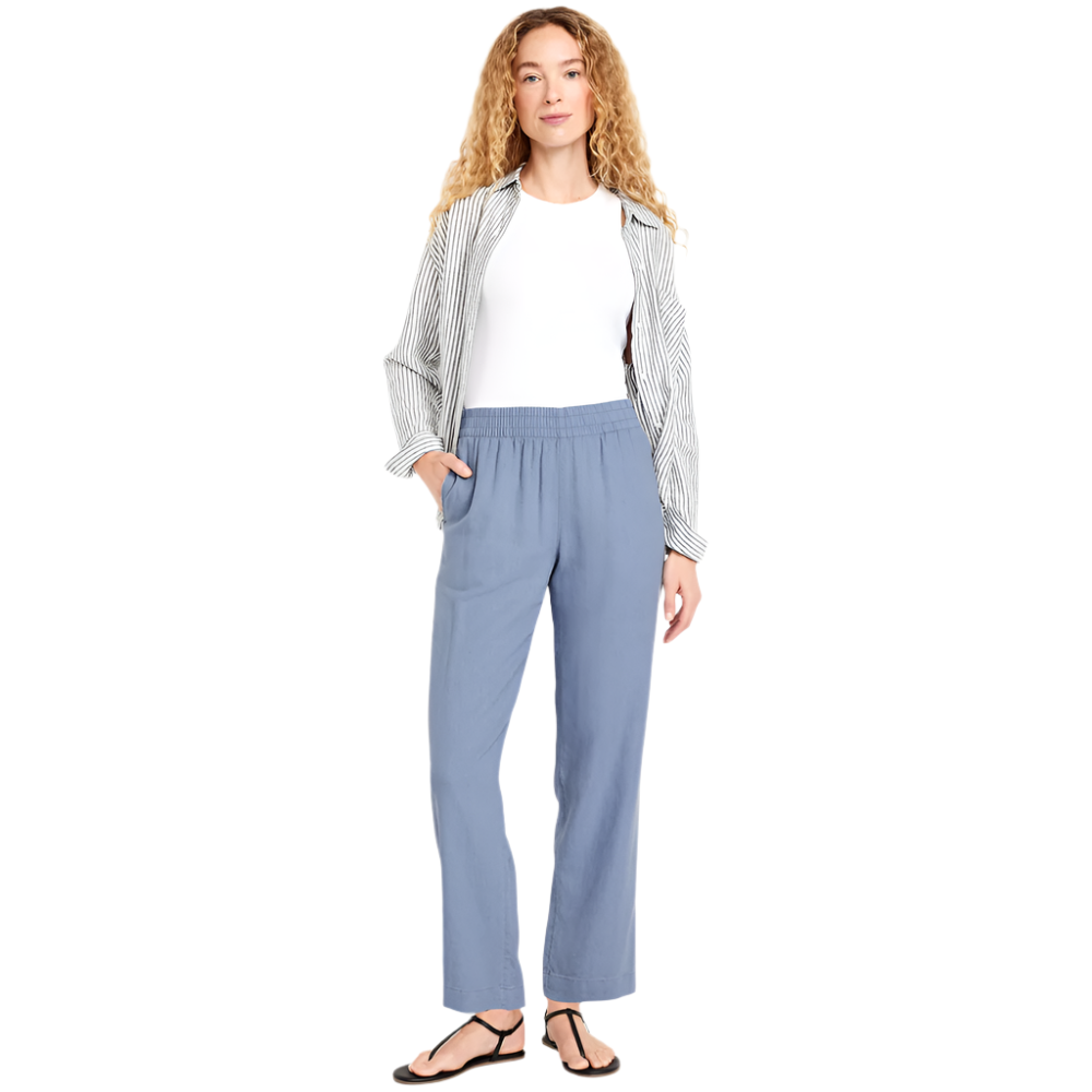 High Waisted Linen Blend Straight Ankle Pants