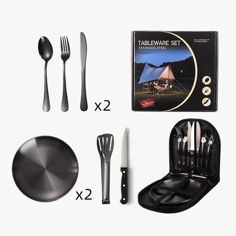 Outdoor Travel Stainless Steel Tableware Camping Picnic Barbecue Plate Clip Steak Knife. Fork And Spoon Suit Portable Storage Bag