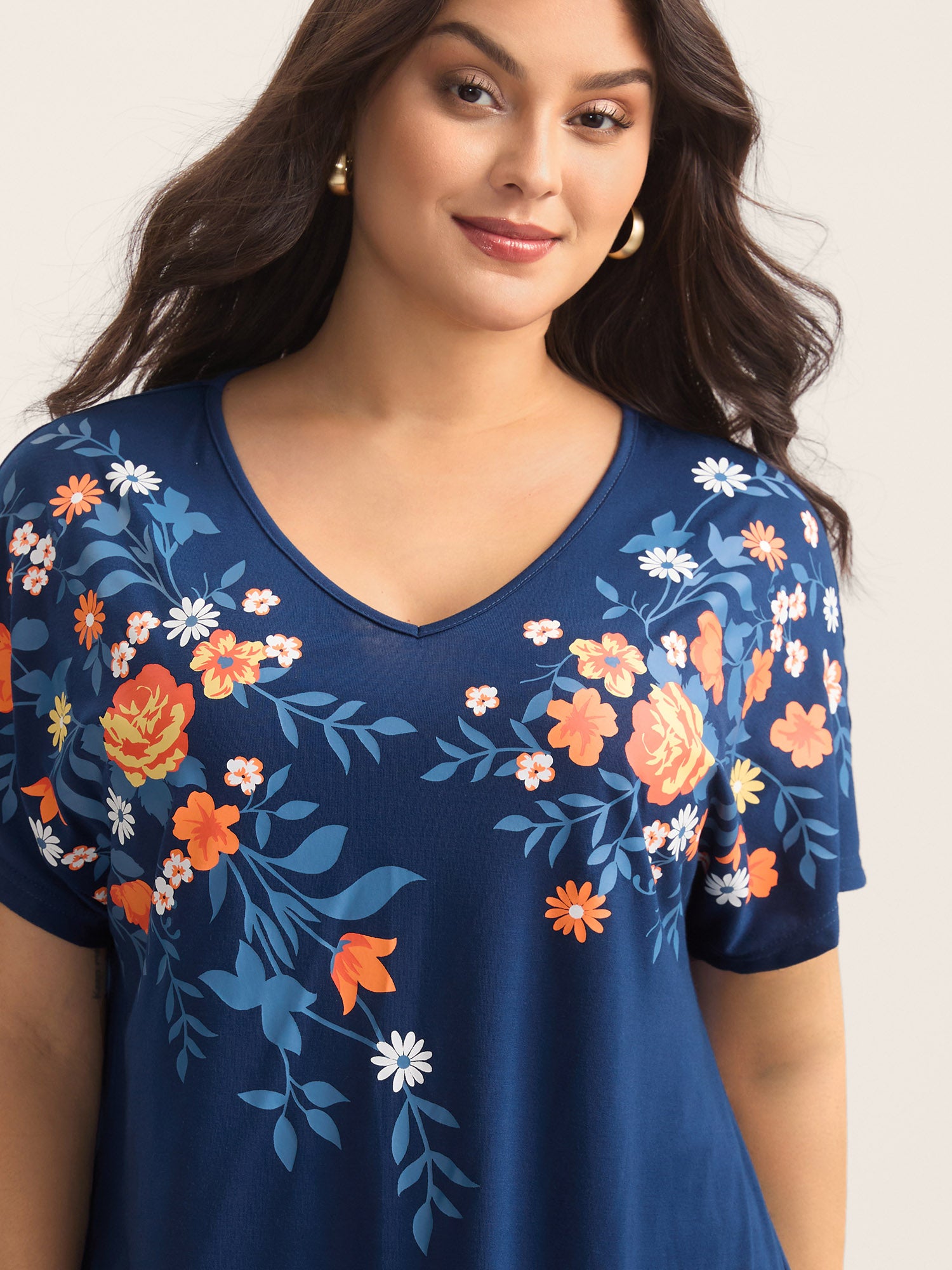 V Neck Floral Print Stretchy T-Shirt
