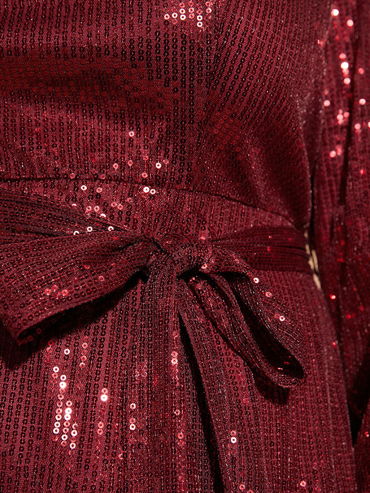 Solid Square Neck Lantern Sleeve Belted Sequin Dress