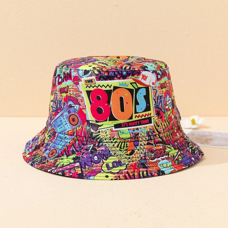 Unisex Casual Retro Artistic Letter Color Block Printing Curved Eaves Bucket Hat