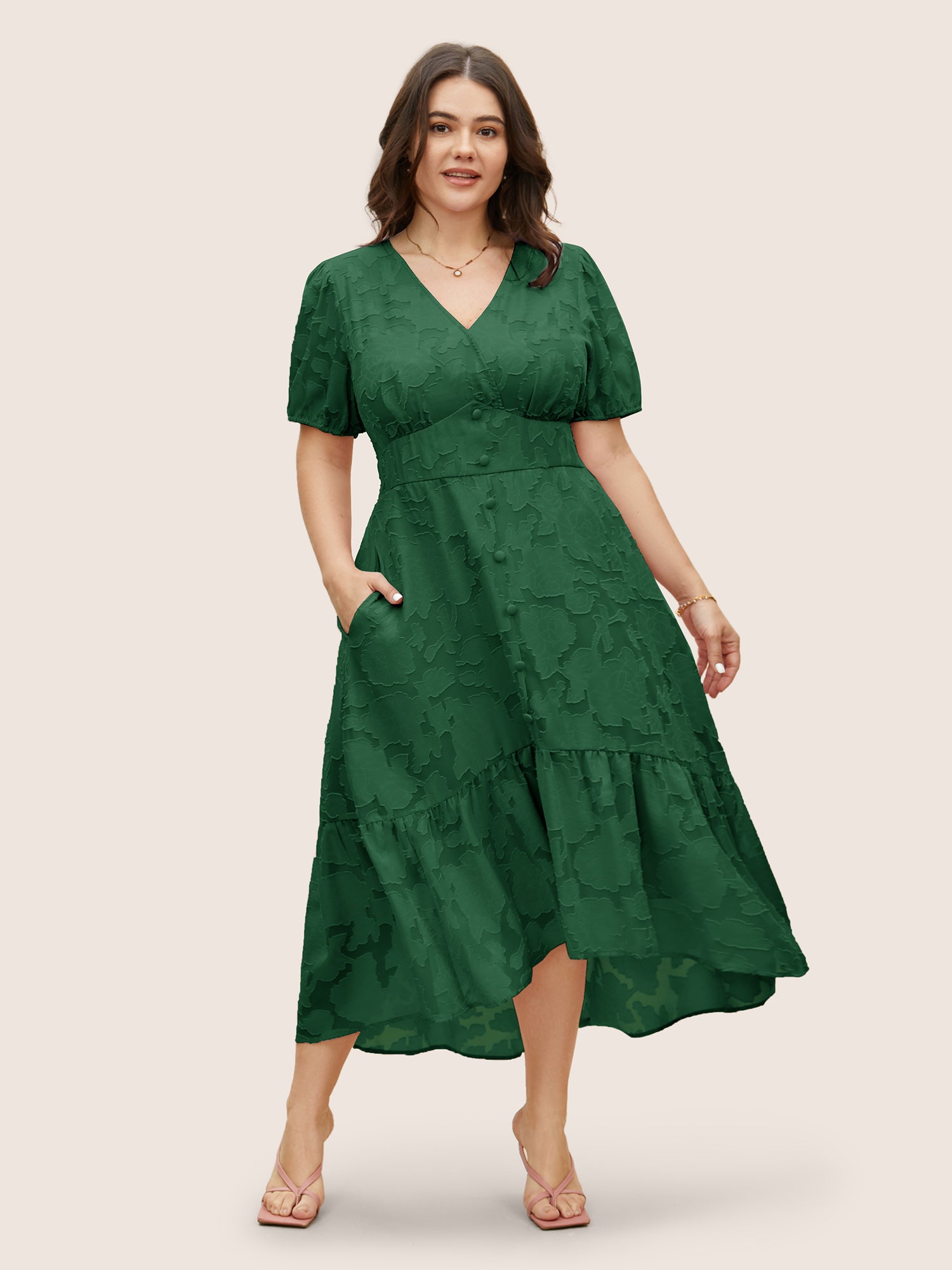 Solid Textured Lantern Sleeve Button Detail Dress