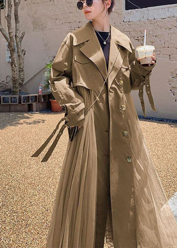 Women Khaki Peter Pan Collar Tulle Patchwork Cotton Trench Coat Long Sleeve