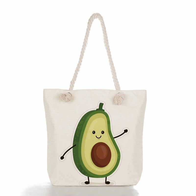 Women's Medium Linen Fruit Cute Classic Style Square Zipper Tote Bag Beach Bag