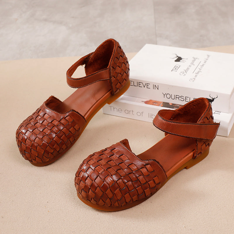 Handwoven Leather Closed Toe Flat Sandals Round Big Toe Mary Jane Shoes with Velcro Strap in Brown/Caramel