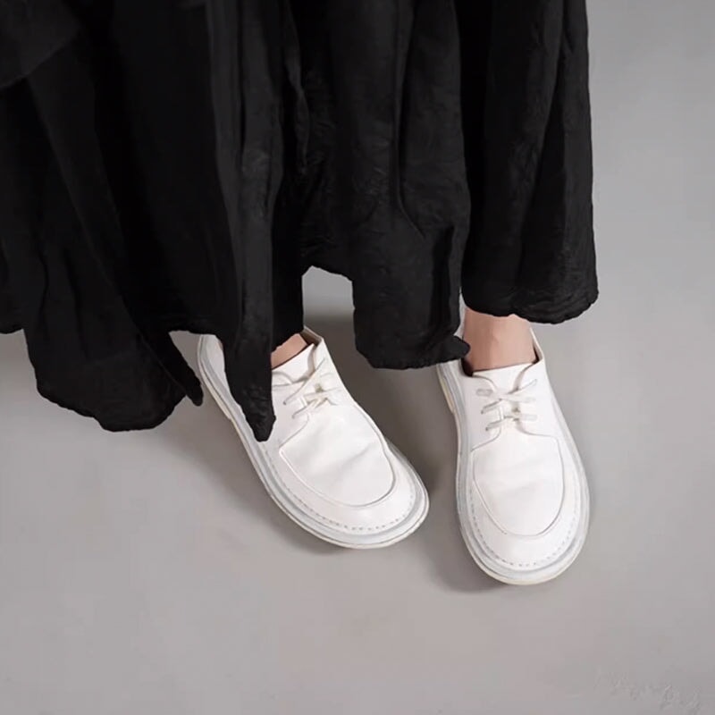 Casual Horsehide Leather Lace-Up Derby Shoes Handmade Oxford Shoes for Women in Black/White