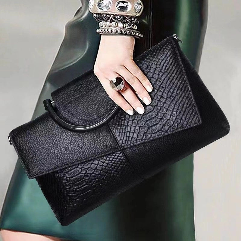 Women's Pu Leather Splicing Crocodile Vintage Style Square Magnetic Buckle Shoulder Bag Clutch Bag Handbag