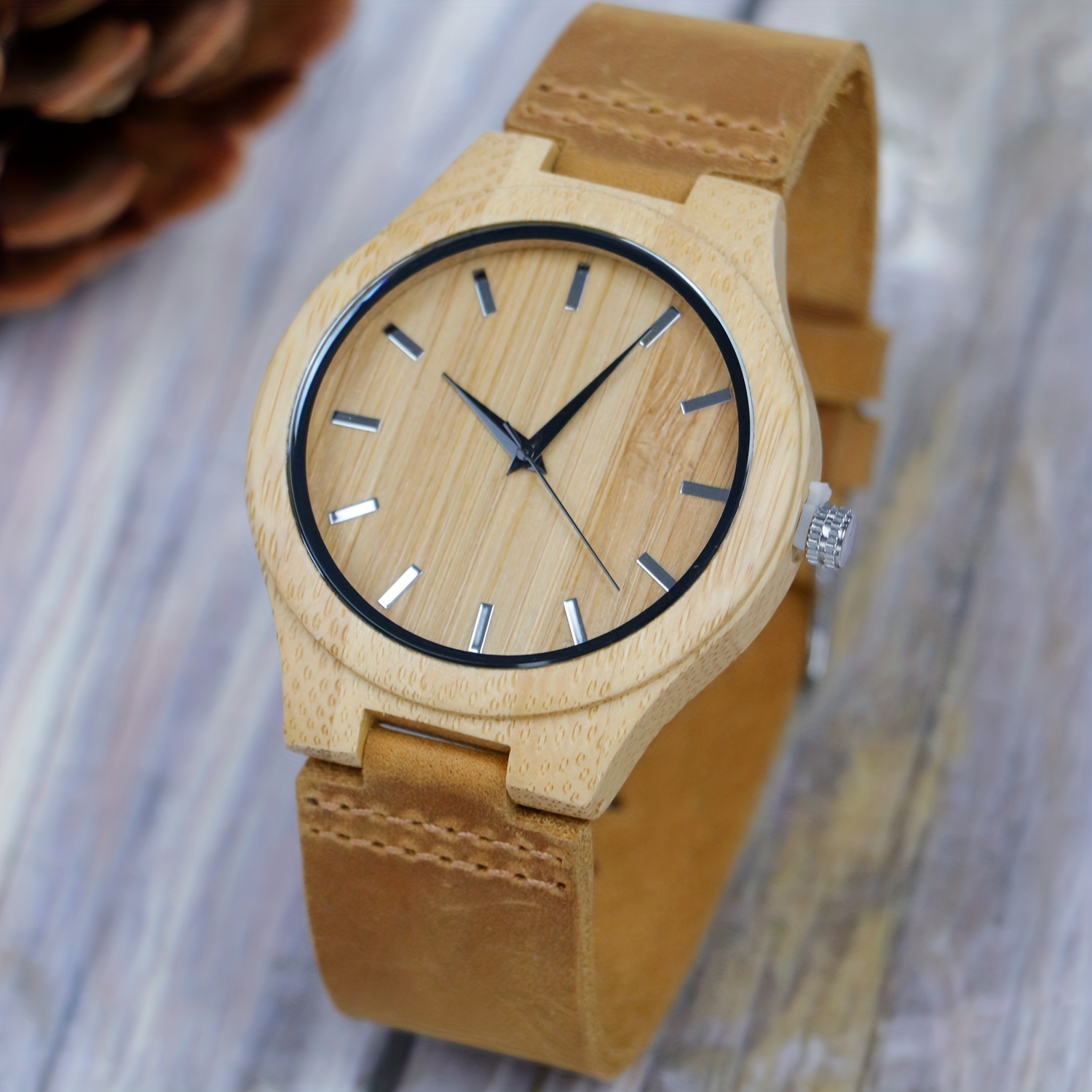 Simple Carbonized Bamboo Genuine Leather Strap Men's Quartz Watch