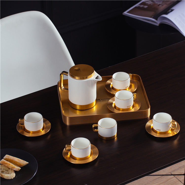 MODERN CERAMIC TEASET WITH METALLIC TRAY