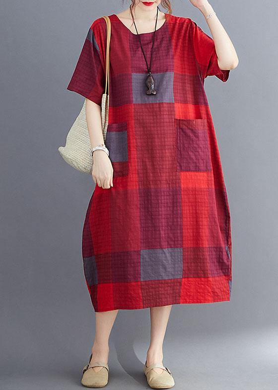 Stylish Blue O Neck Plaid Maxi Dresses Cotton Linen Summer