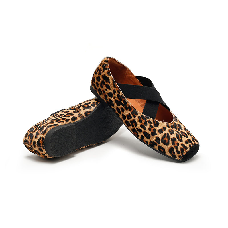 Leopard Print Pony Hair Square-Toe Mary Jane Flats with Cross Straps | Dwarves Studio in Black