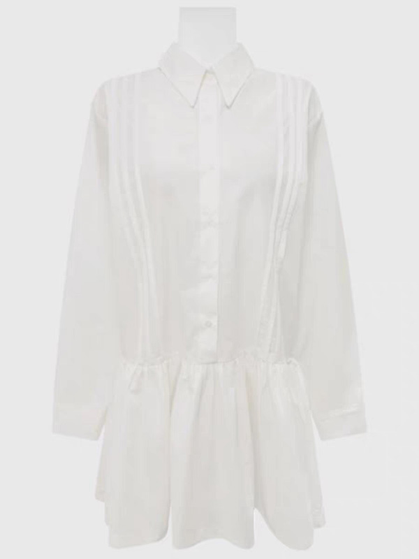 A-Line Long Sleeves Buttoned Pleated Solid Color Lapel Mini Dresses Shirt Dress