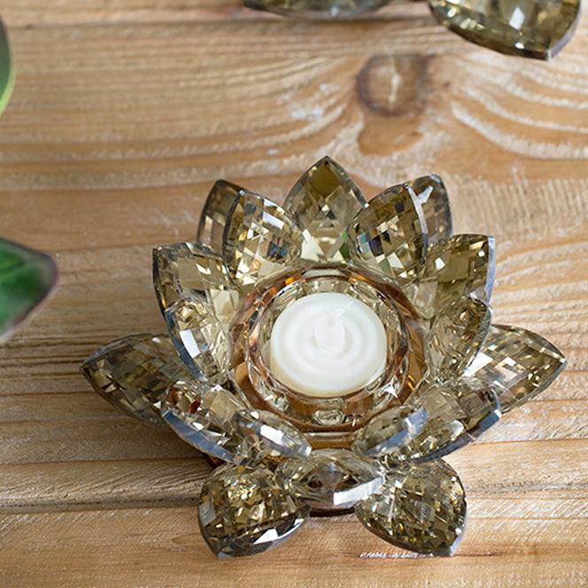 Lotus Crystal Tealight Holder. Set of 2 - Soft Gold