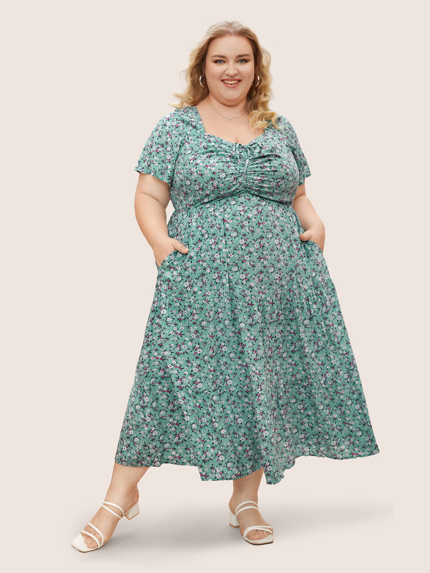 Ditsy Floral Drawstring Ruched Pocket Ruffle Tiered Dress