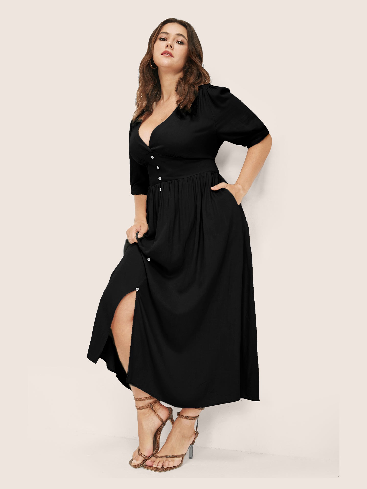 Plunging Neck Button Detail Pocket Maxi Dress