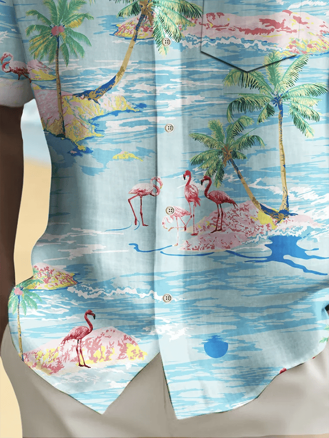 Men's Hawaiian Shirt Coconut Tree Flamingo Print Pocket Shirt