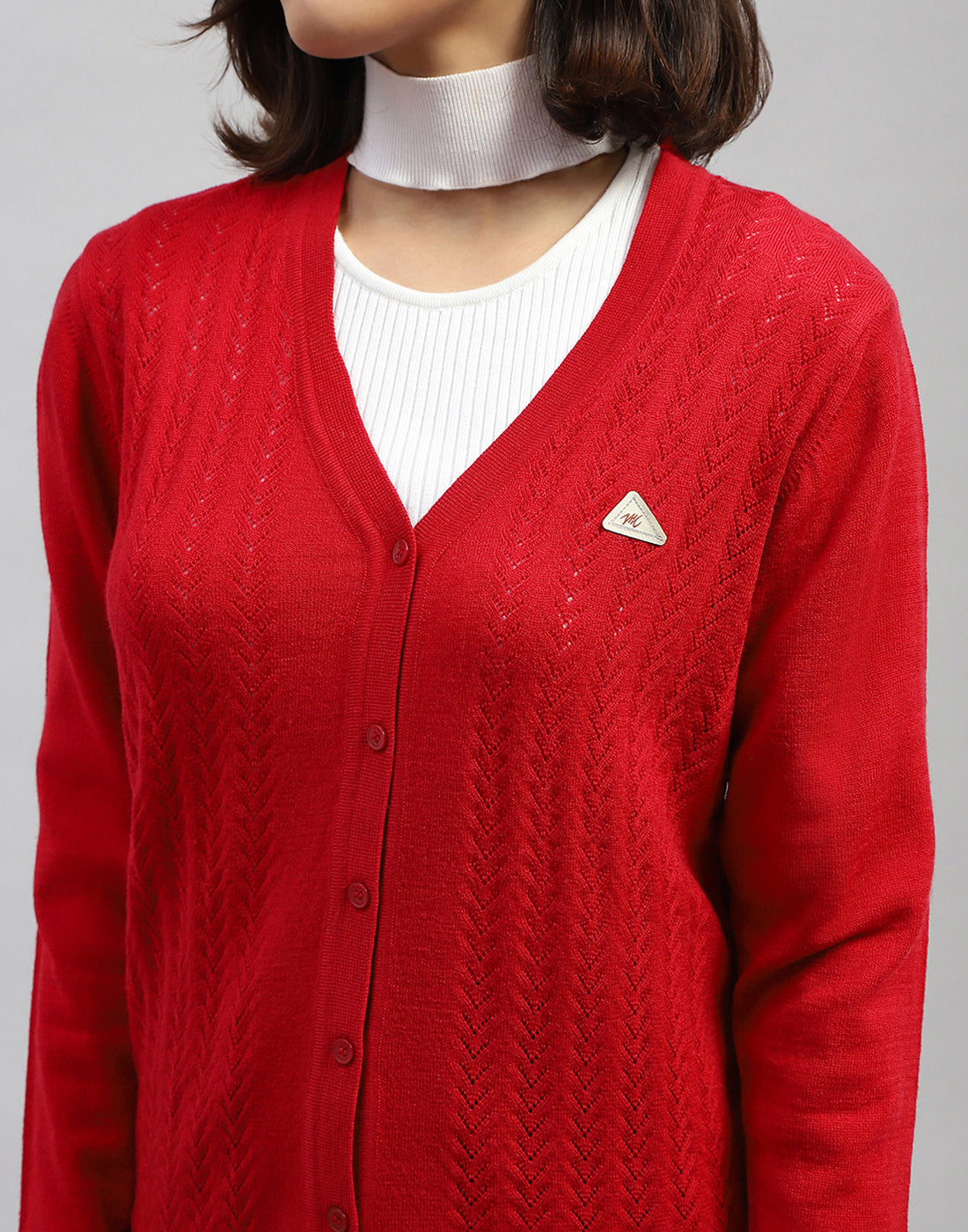 Women Red Self Design V Neck Full Sleeve Cardigan