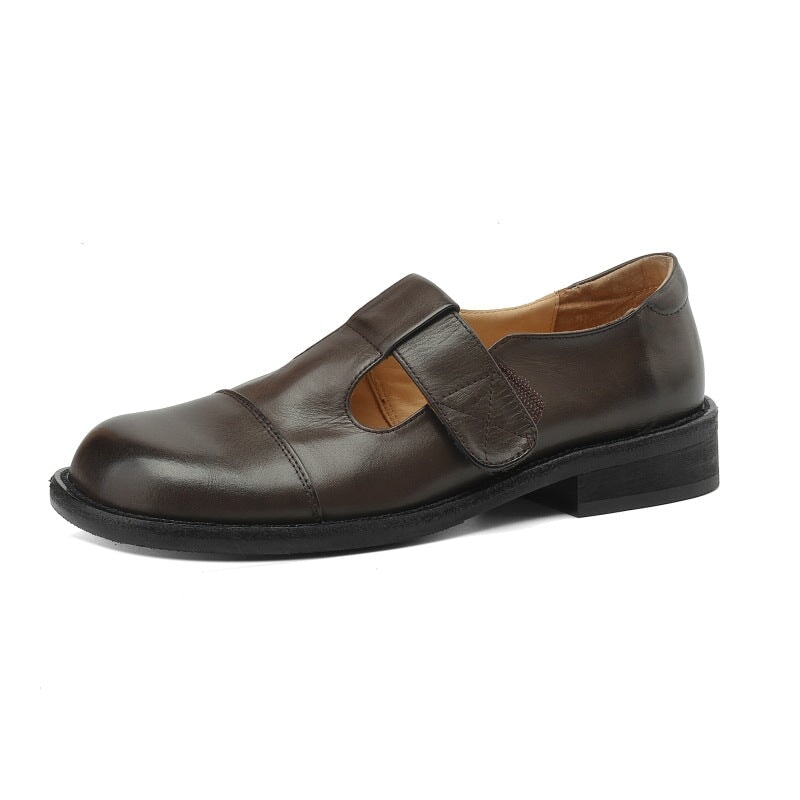 Vintage Leather T-strap Mary Jane Shoes For Women Round Toe in Coffee/Brown
