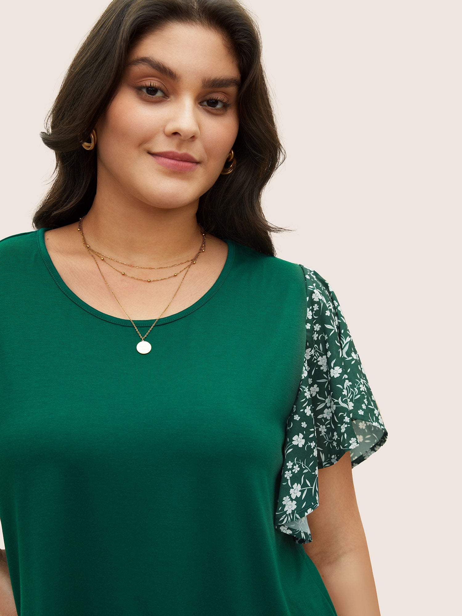 Ditsy Floral Ruffle Sleeve Round Neck T-Shirt