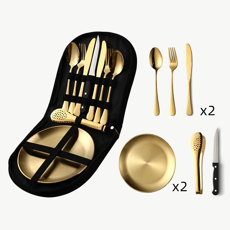 Outdoor Travel Stainless Steel Tableware Camping Picnic Barbecue Plate Clip Steak Knife. Fork And Spoon Suit Portable Storage Bag