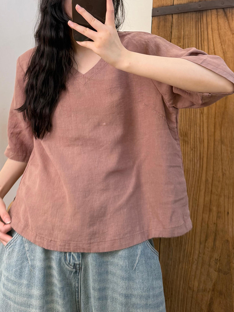 Women Summer Retro Pure Color V-Neck Linen Shirt