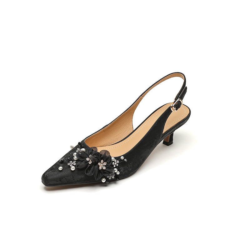 Floral Pointed Toe Slingback Kitten Pumps Elegant Leather Wedding Sandals in Black/Beige