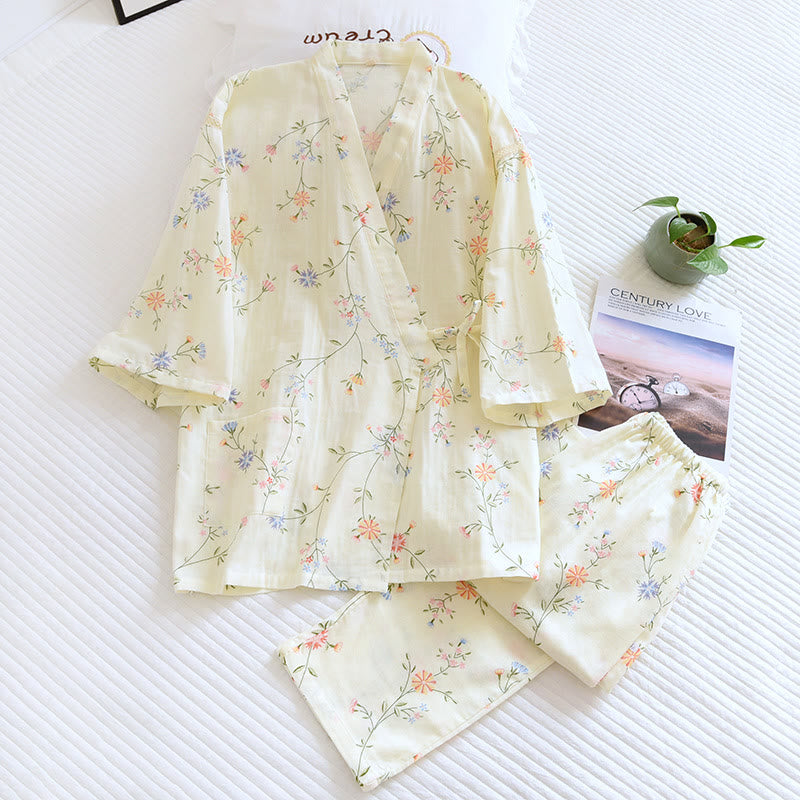 Flower Cotton Gauze Kimono Pajama Set