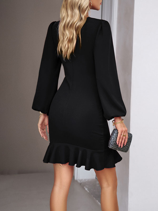 Bodycon Long Sleeves Falbala Solid Color Mini Dresses