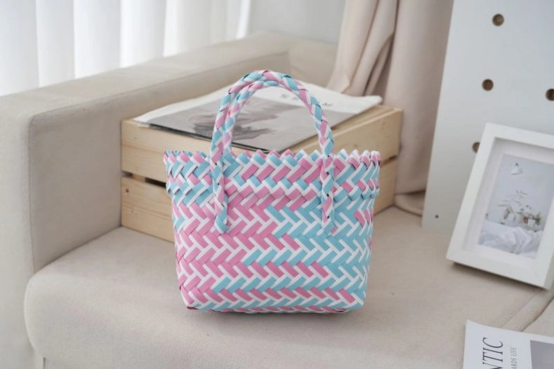 Women's Small PVC Stripe Bow Knot Cute Weave Square Open Handbag