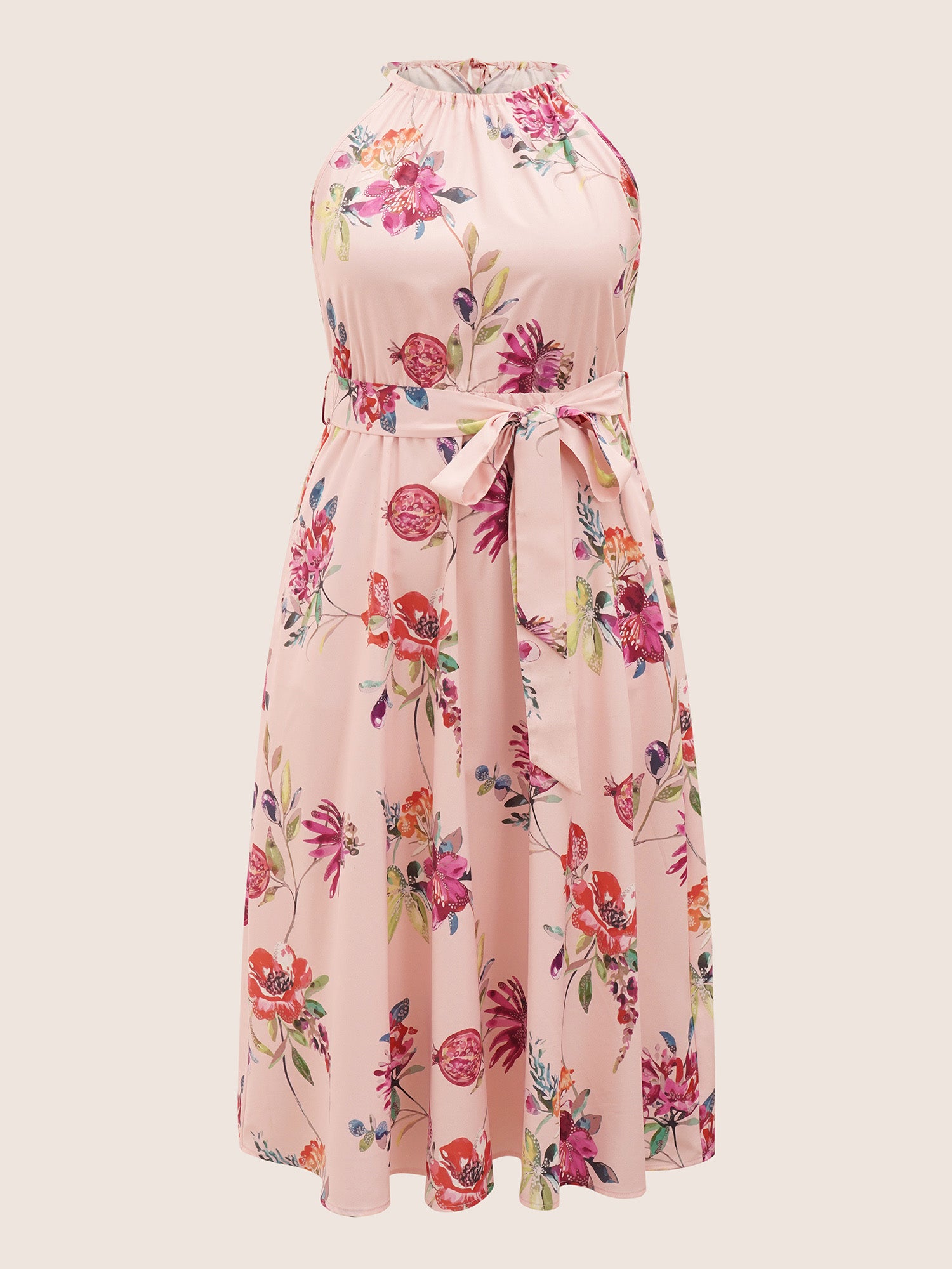 Citrus Fruit Print Halter Belted Gathered Dress