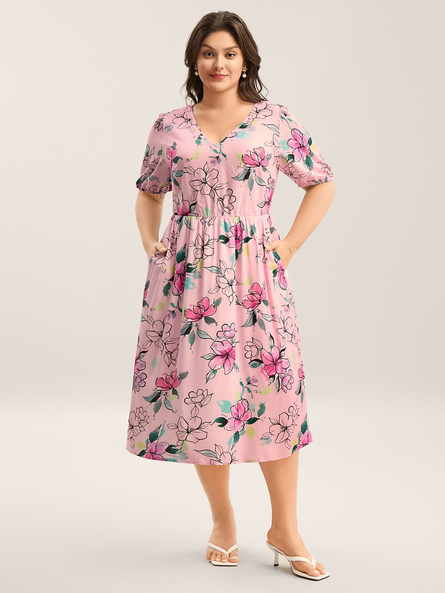 Blushing Petals Pockets Cinched-Waist Midi Dress