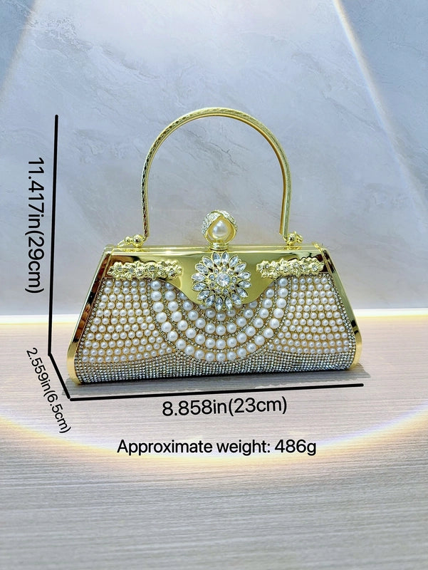 Gold Silver Black Pu Leather Solid Color Pearls Square Evening Bags