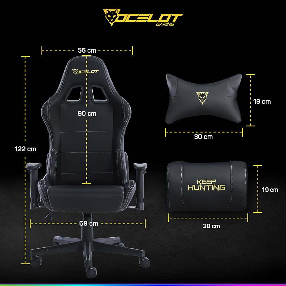 OCELOT GAMING Silla Gamer OGS-01, Base de plástico con descansa Brazos Ajustables y un ángulo de inclinación máxima de 155°, Incluye cojín Lumbar y Cervical - Soporta hasta 150Kg