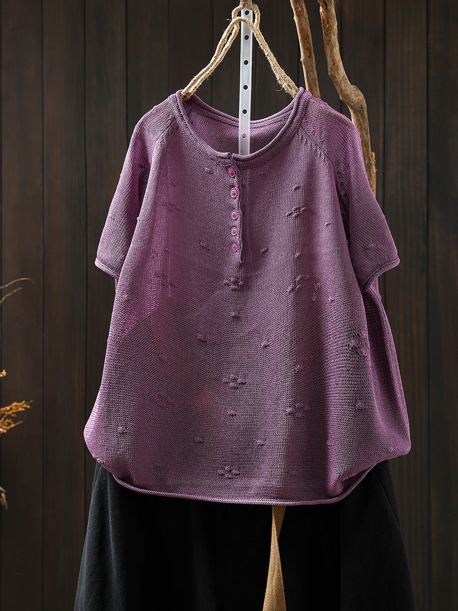 Women Summer Casual Jacquard Knitted O-Neck Shirt