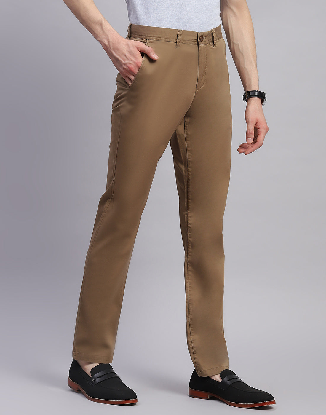 Men Brown Solid Regular Fit Trouser