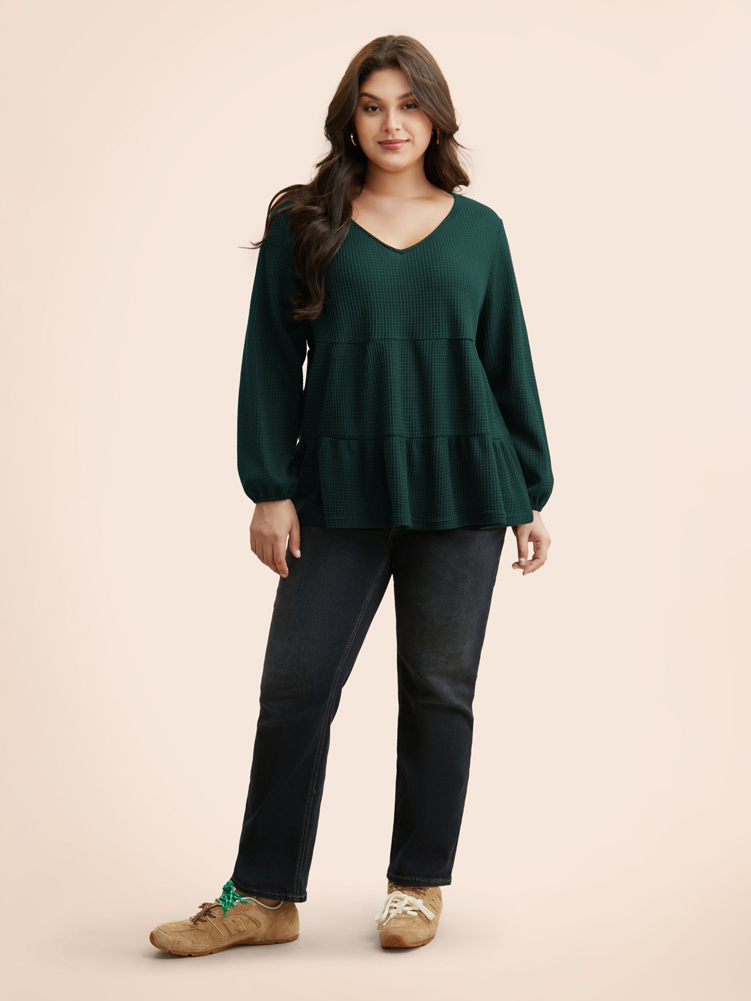 Solid Waffle Knit Ruffle Hem T-shirt