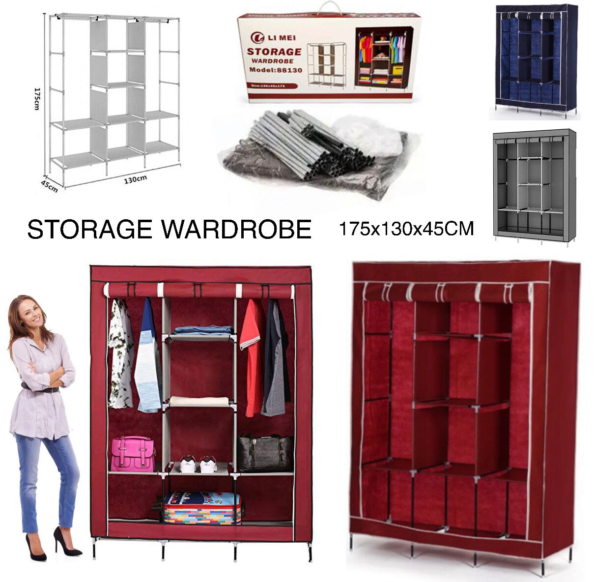 3 Column Cloth Wardrobe. Portable Fabric Wardrobe for Clothes