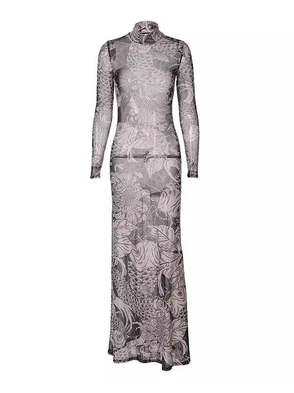 Long Sleeves Skinny Printed See-Through Split-Joint High Neck Evening Dresses Maxi Dresses