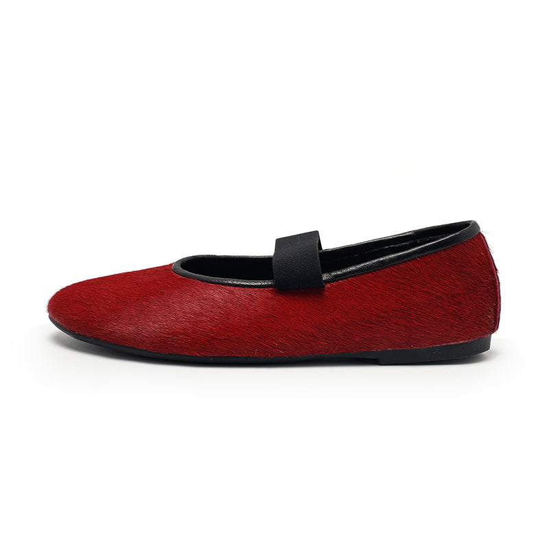 Elegant Round Toe Soft Leather Mary Jane Flats in Red/Black/Wine Red