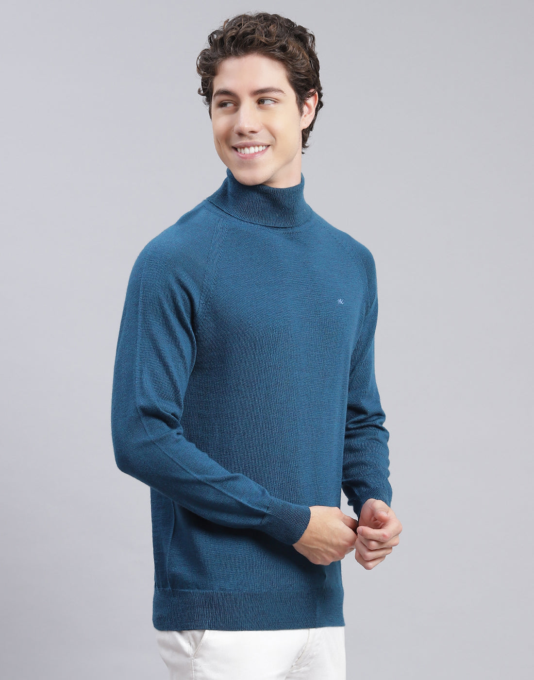 Men Teal Blue Solid High Neck Full Sleeve Pullover